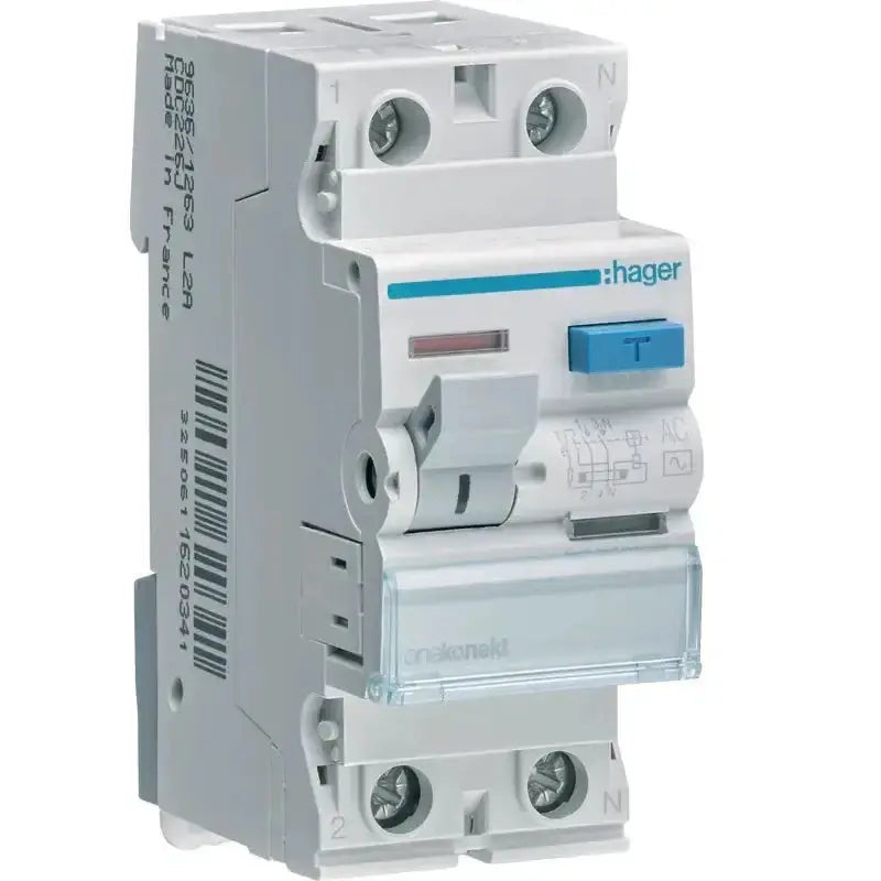 Hager RCCB 40A 2P 300mA CFC241J two-pole residual current breaker with blue test button UAE