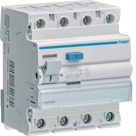 Hager RCCB (ELCB) 63A 4P 300mA, front view with blue test button on a four-pole circuit breaker. UAE