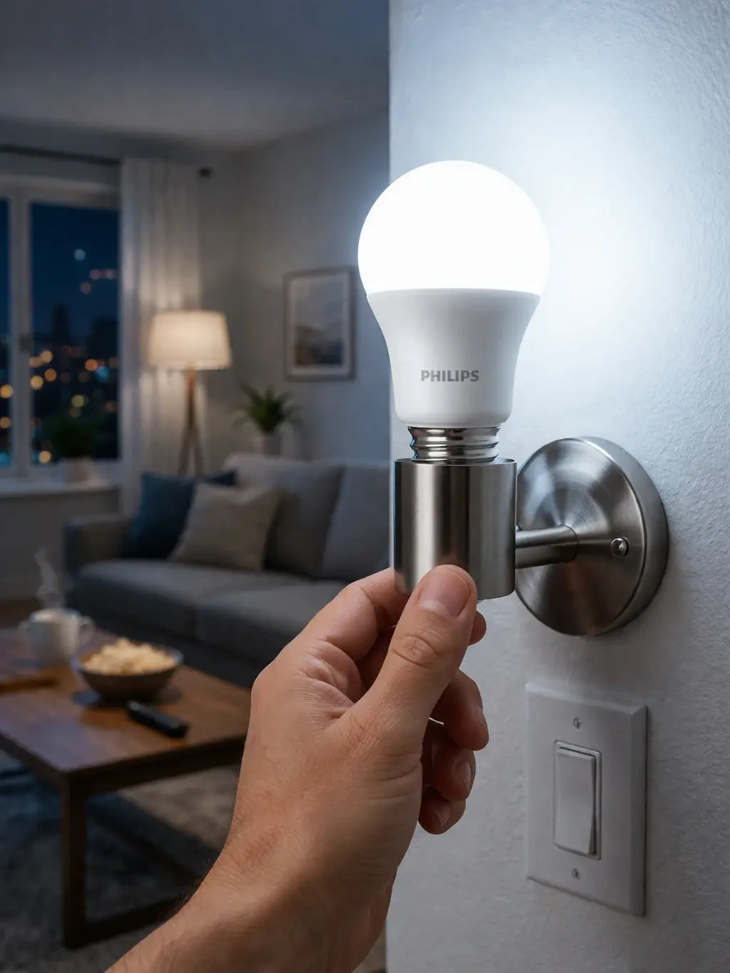Philips Essential LED Bulb 13W E27, 6500K cool daylight, illuminated in a wall sconce; hand grips the metal base. UAE
