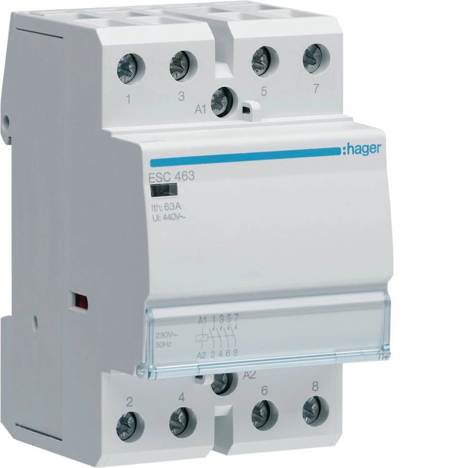 Hager ESC463 63A 4-pole installation contactor 230V AC — official Hager product photo