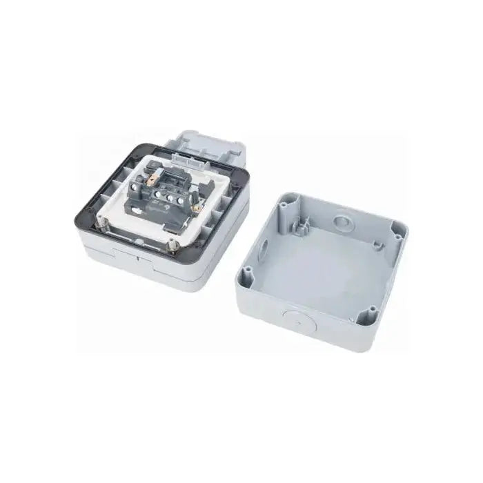 MK Electric Masterseal Plus 13A 1-Gang switched weatherproof socket in gray with the cover removed UAE