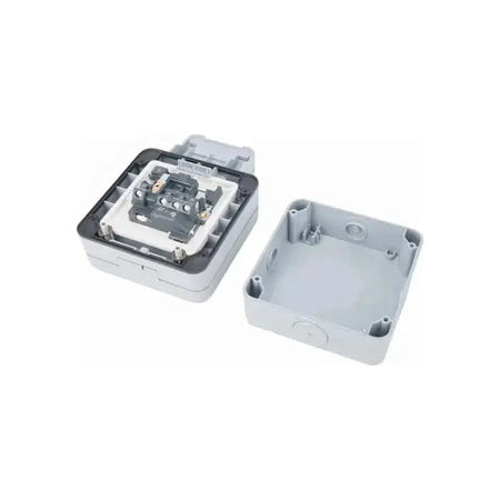 MK Electric Masterseal Plus 13A 1-Gang switched weatherproof socket in gray with the cover removed UAE