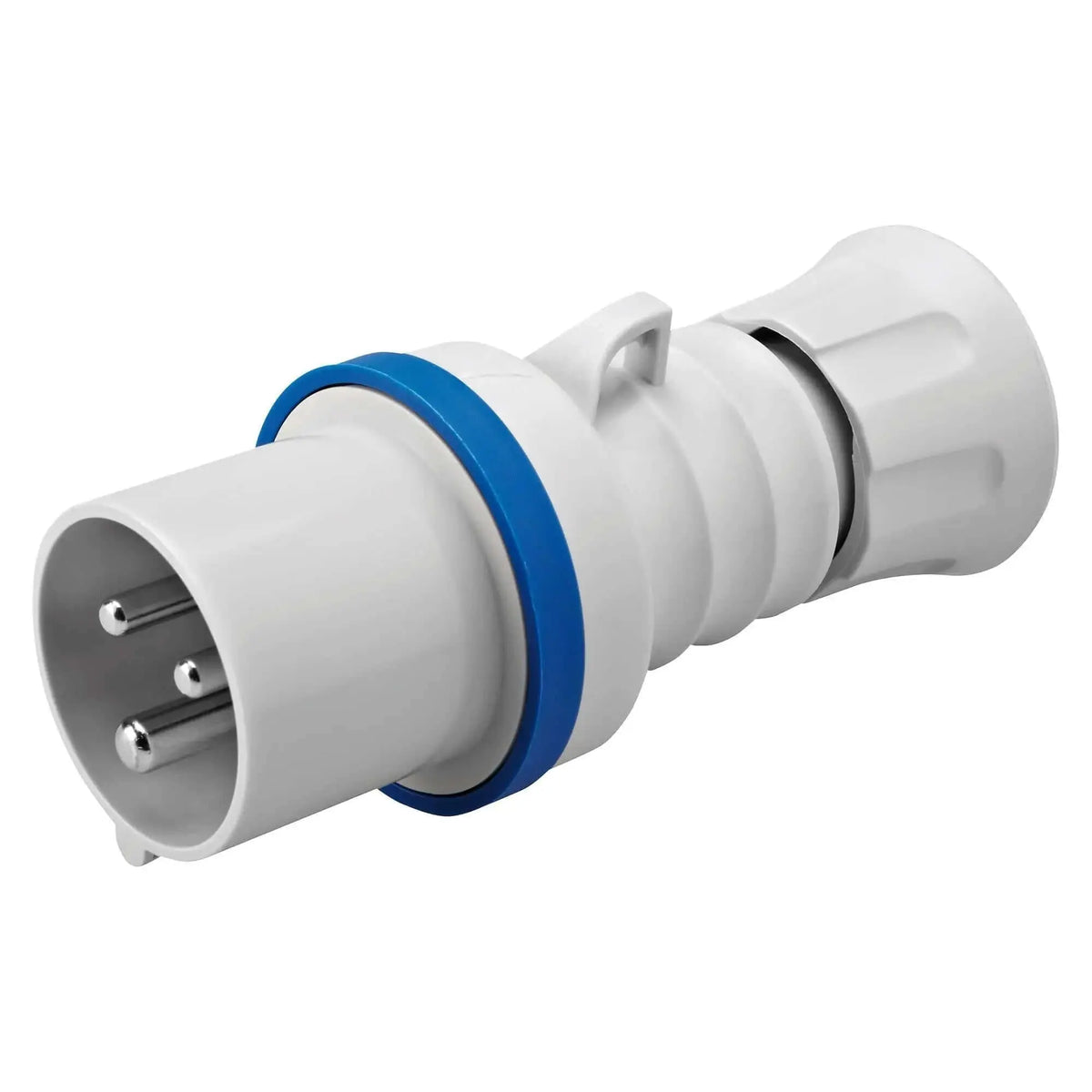 Gewiss GW60004H straight plug, 16A 2P+E IP44/IP54, white housing with blue ring, side view UAE