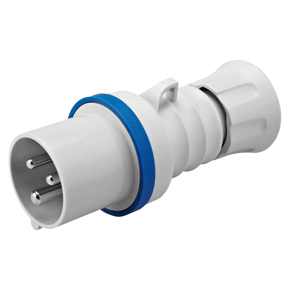 Gewiss GW60004H straight plug, 16A 2P+E IP44/IP54, white housing with blue ring, side view UAE