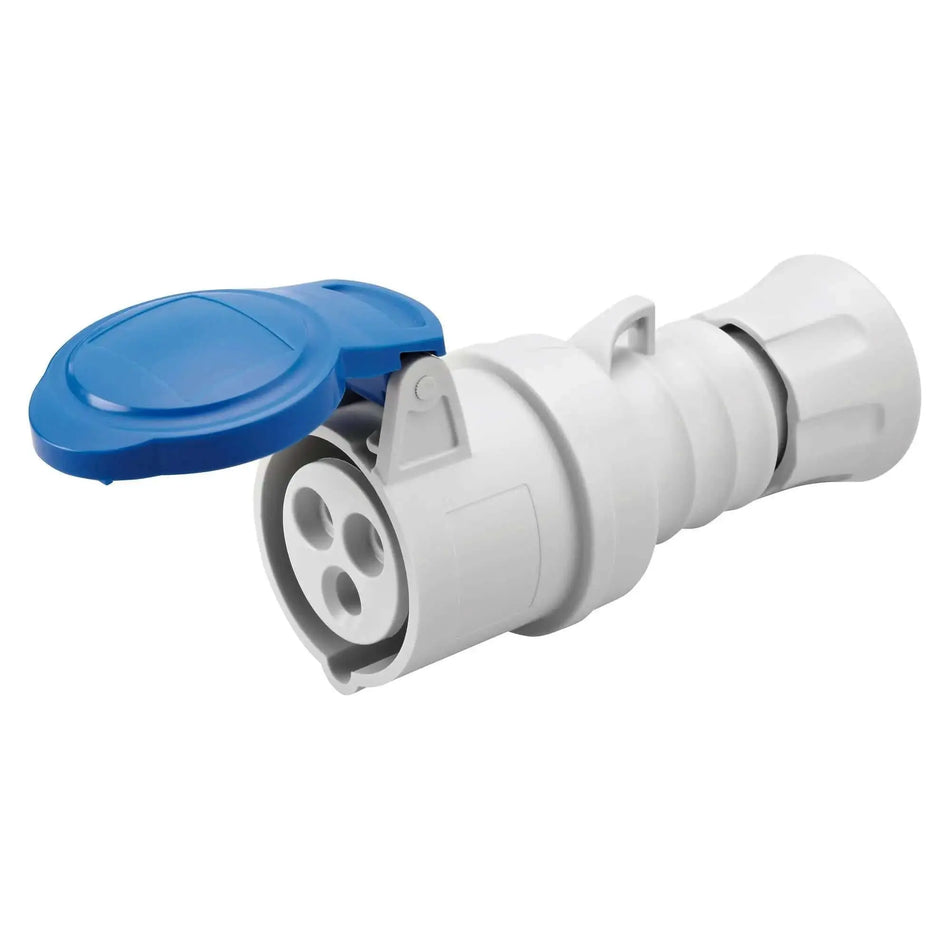 Gewiss GW62004H straight 16A 2P+E industrial socket with blue flip cover, IP44/IP54, front view UAE