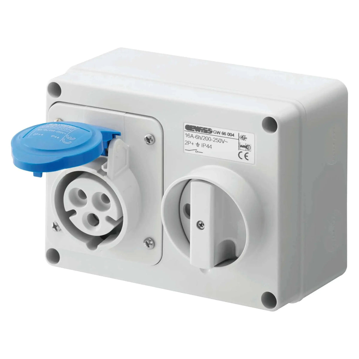 Gewiss GW66015 horizontal interlocked socket outlet with blue protective cap; 32A 2P+E IP44, wall-mounted module. UAE