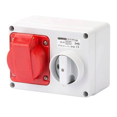 Gewiss GW66009 horizontal interlocked wall socket with red safety cover, 16A 3P+E IP44. UAE