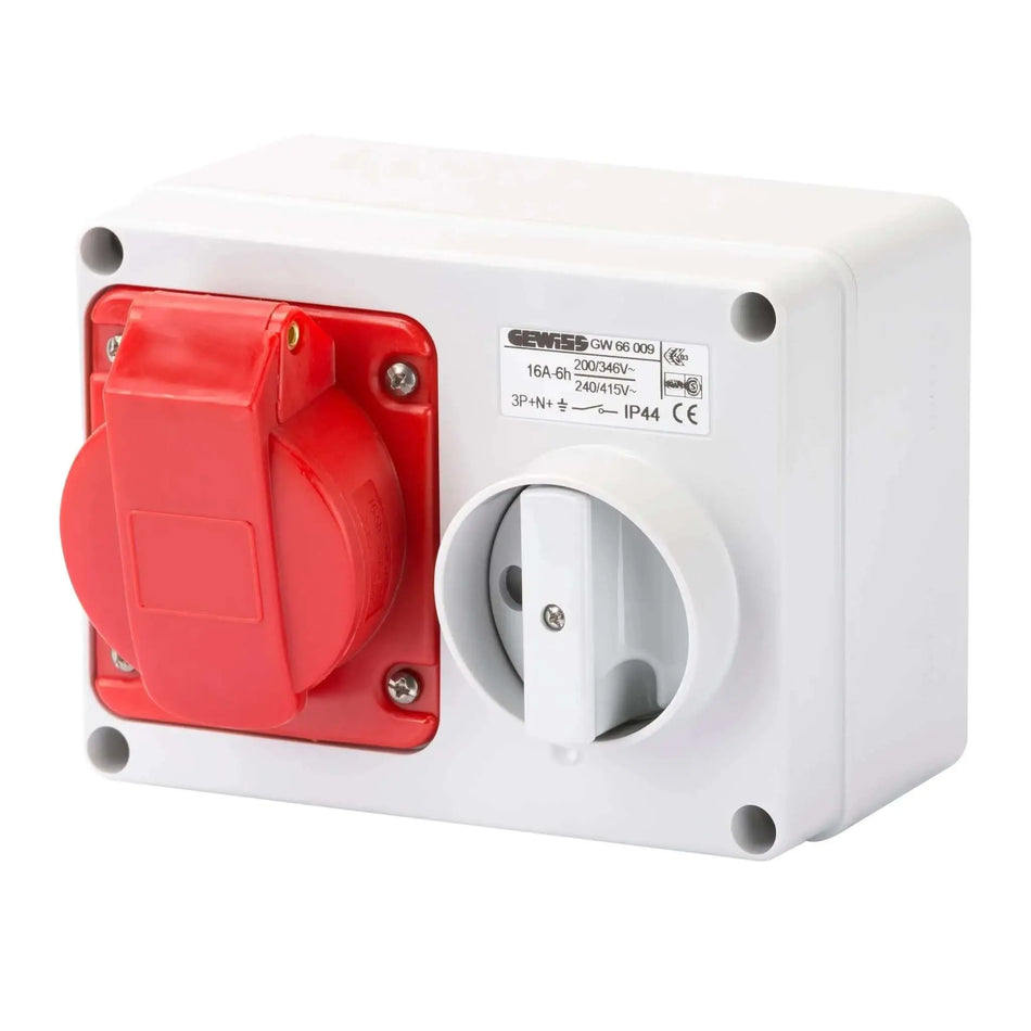 Gewiss GW66009 horizontal interlocked wall socket with red safety cover, 16A 3P+E IP44. UAE