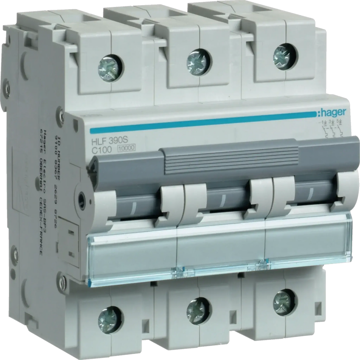 Hager HLF390S 3-pole MCB, 100A, 10kA, gray with blue stripe, front view UAE