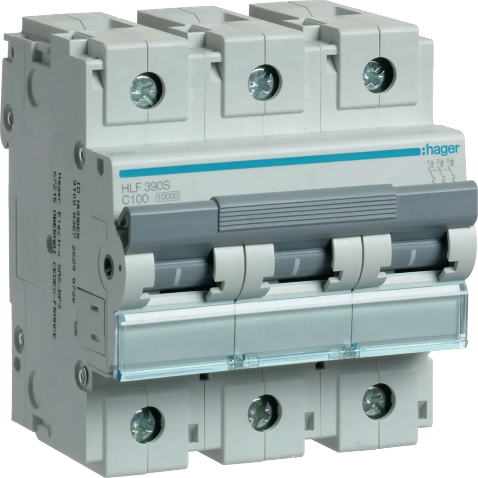Hager HLF390S 3-pole MCB, 100A, 10kA, gray with blue stripe, front view UAE
