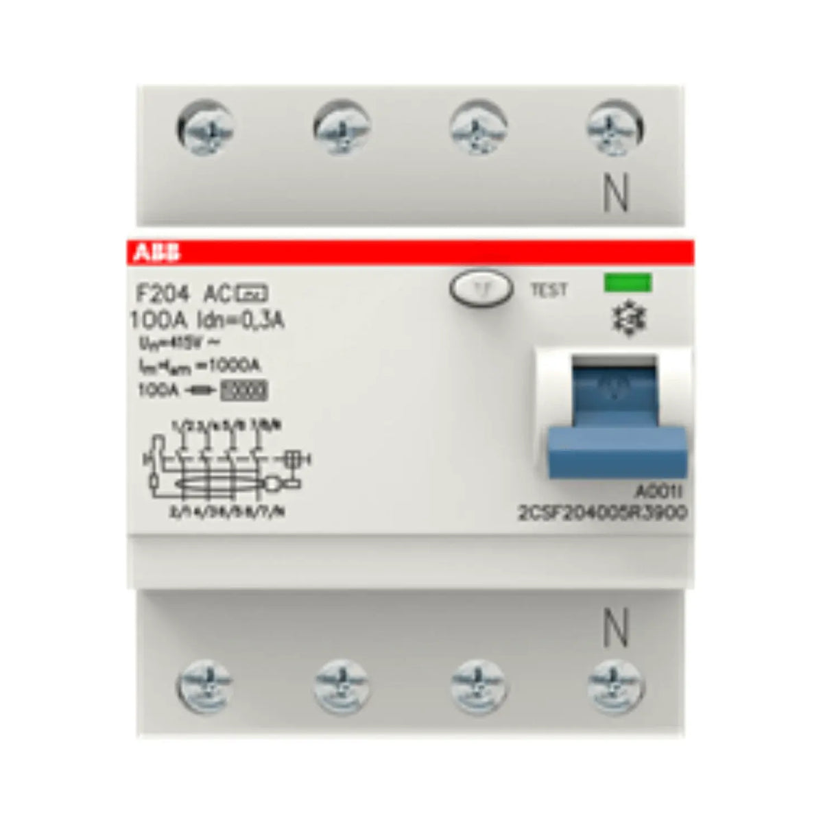 ABB F204 4P RCCB/ELCB, 100A, 300mA, front view with test button and N terminals UAE