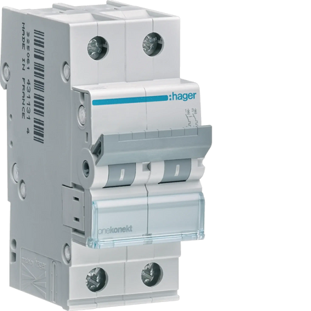 Hager MCN240 2P MCB, 40A Type C, 6kA, front view with blue branding stripe. UAE
