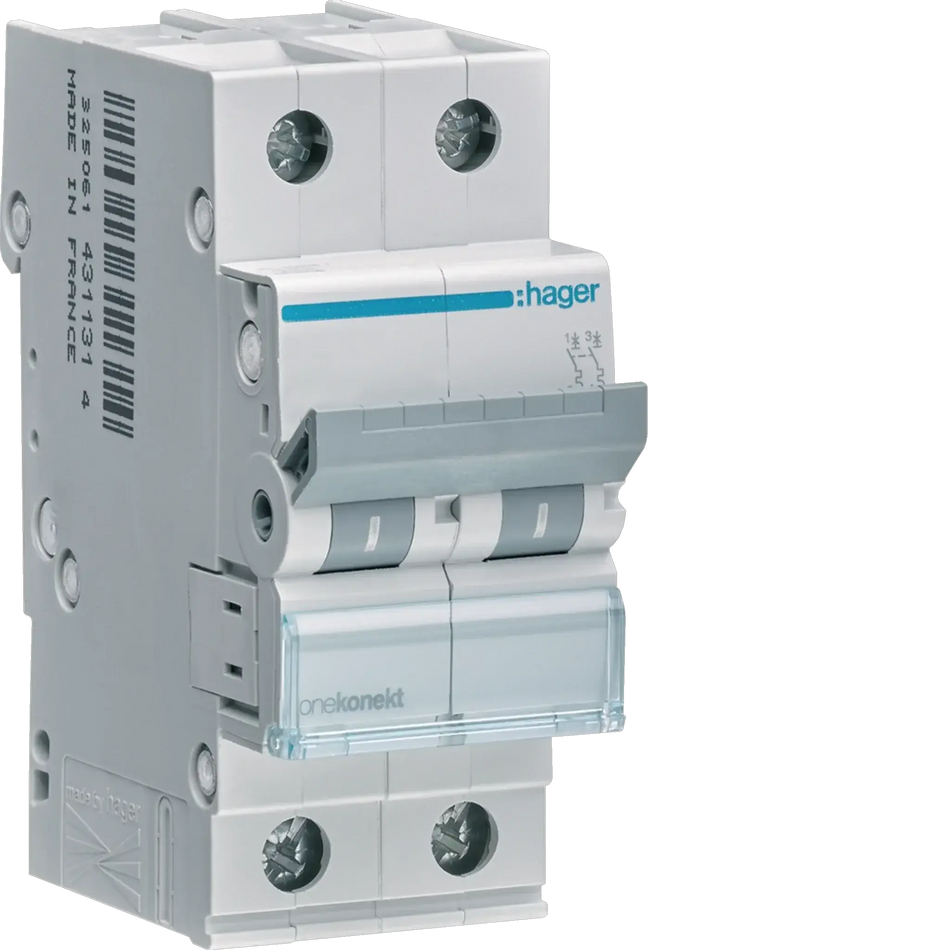 Hager MCN240 2P MCB, 40A Type C, 6kA, front view with blue branding stripe. UAE