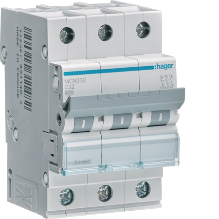 Hager MCN332 miniature circuit breaker, 32A, 3-pole Type C, 6kA, front view UAE