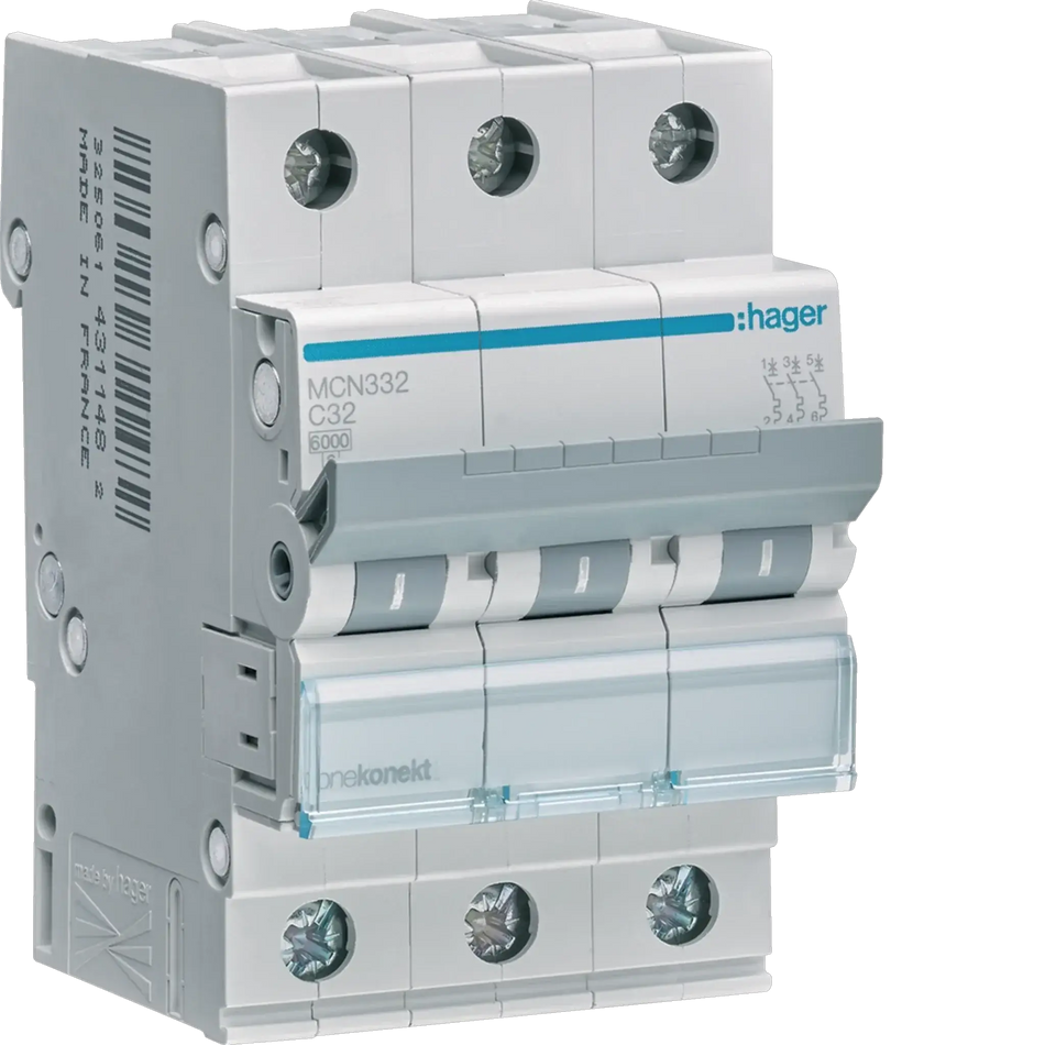 Hager MCN332 miniature circuit breaker, 32A, 3-pole Type C, 6kA, front view UAE