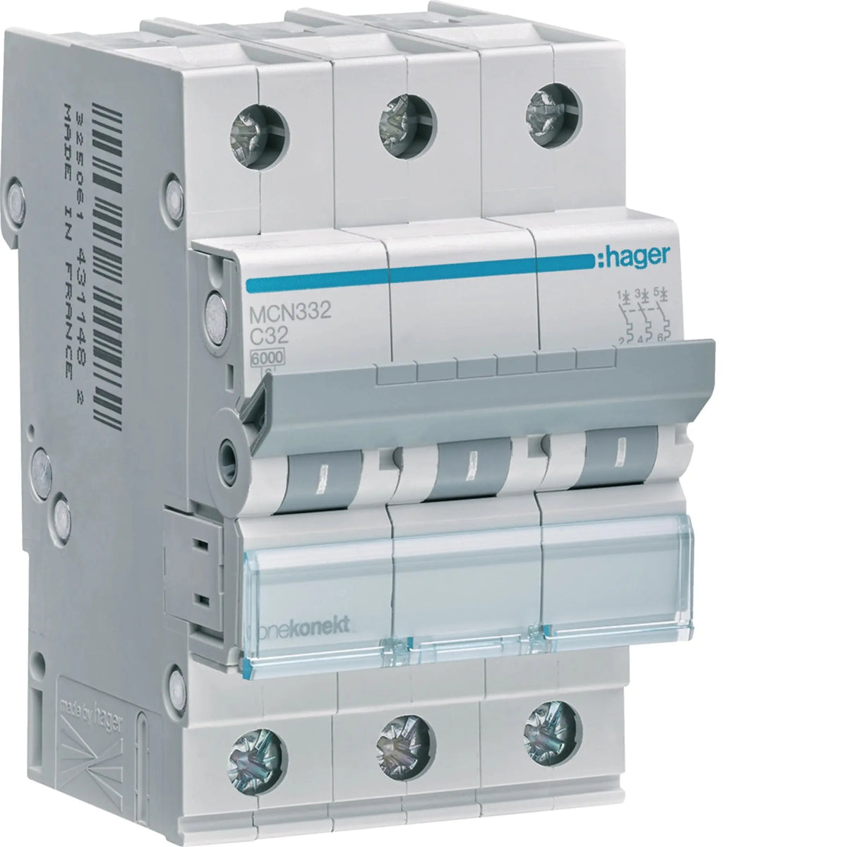 Hager MCN332 3-pole 32A Type C 6kA MCB — official Hager product photo
