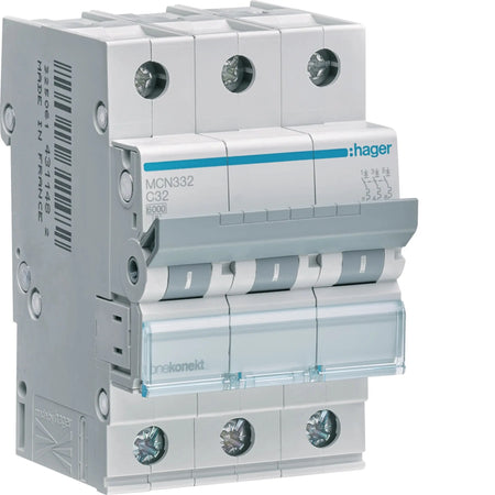 Hager MCN332 3-pole 32A Type C 6kA MCB — official Hager product photo