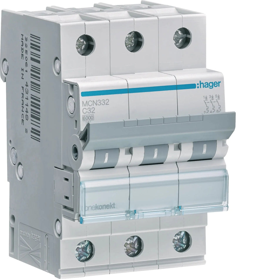 Hager MCN332 3-pole 32A Type C 6kA MCB — official Hager product photo