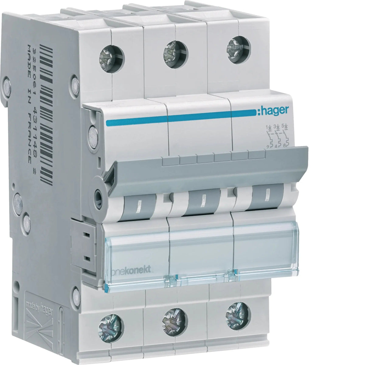 Hager MCN363 3-Pole 63A MCB Type C 6kA Hager