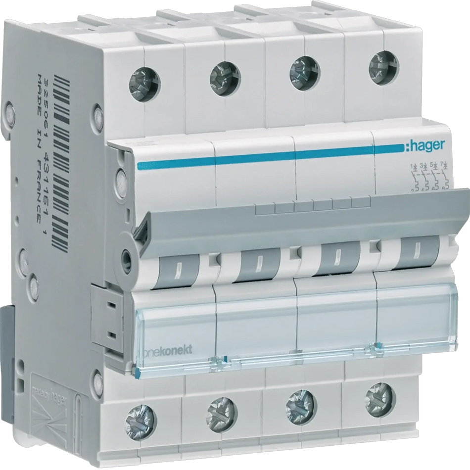 Hager MCN463 Miniature Circuit Breaker, 63A 4P, 6kA, white with blue stripe, front view. UAE