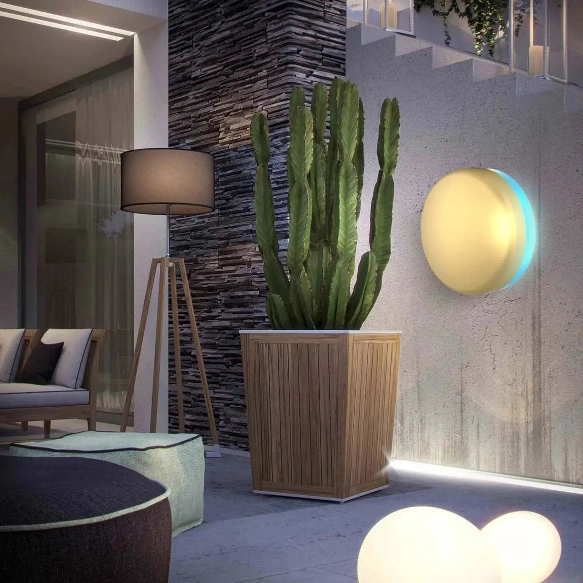 Mo-El Cri Cri Mo-Plick 333L Eclipse wall-mount UV insect killer; round glowing disc on exterior wall. UAE