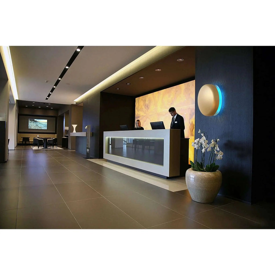 Insect killers Mo-El Mo-Plick 333L Eclipse: modern hotel lobby reception with staff and blue circular wall light. UAE