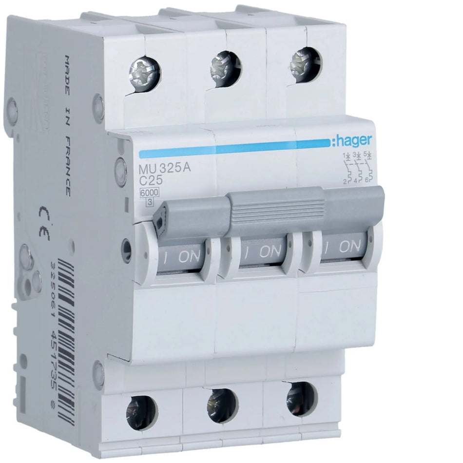 Hager MU325A 3-pole 25A Type C 6kA MCB — official Hager product photo