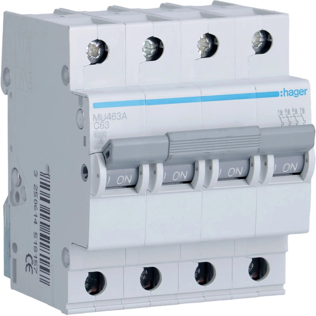Hager MU463A 4-Pole 63A MCB Type C 6kA Hager