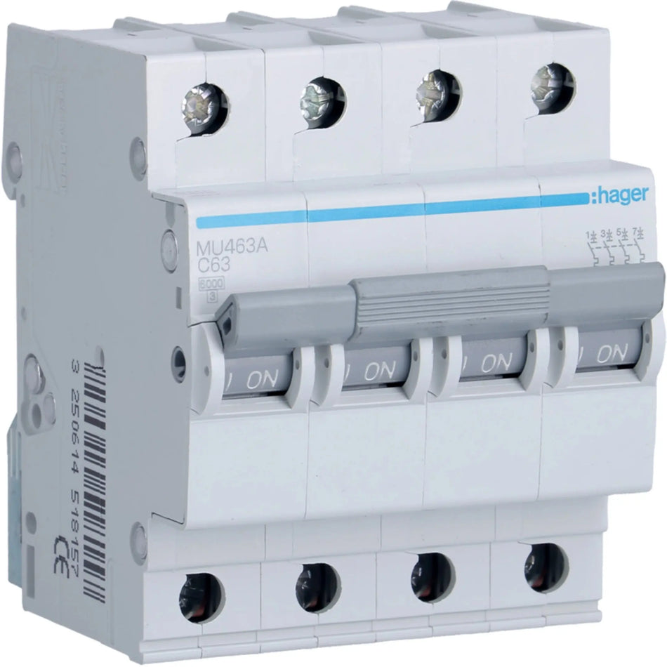 Hager MU463A 4-Pole 63A MCB Type C 6kA Hager