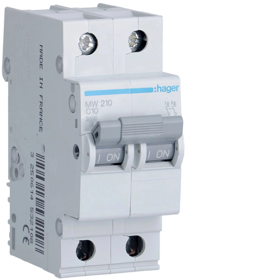 Hager MW210 2-Pole 10A MCB Type C 6kA Hager
