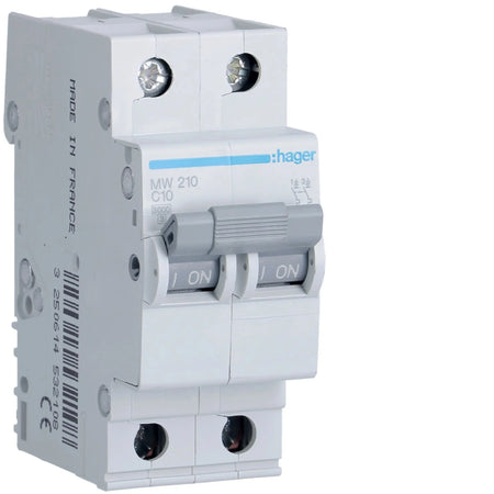 Hager MW210 2-pole 10A Type C MCB — official Hager product photo