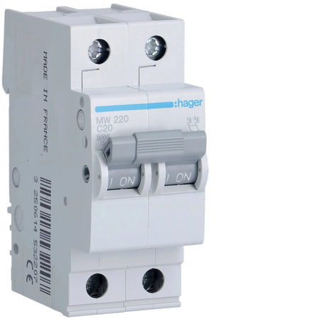 Hager MW220 2-Pole 20A MCB Type C 6kA Hager