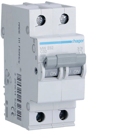 Hager MW232 2-Pole 32A MCB Type C 6kA Hager