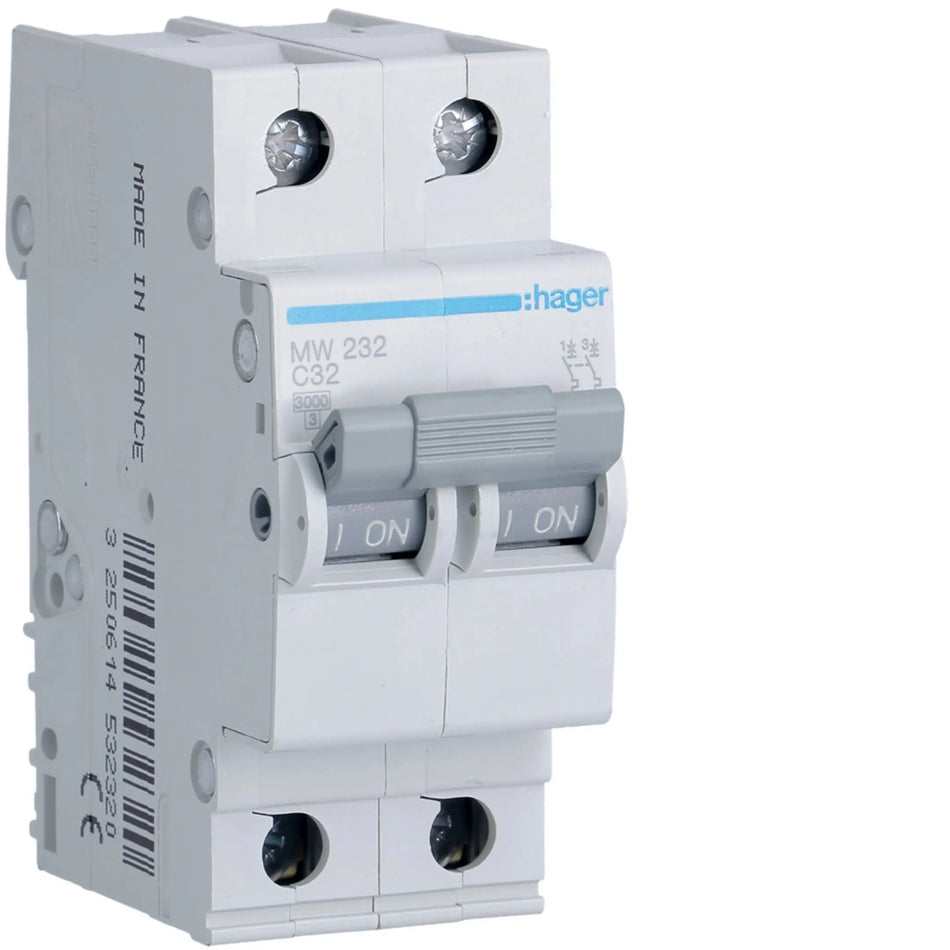 Hager MW232 2-Pole 32A MCB Type C 6kA Hager