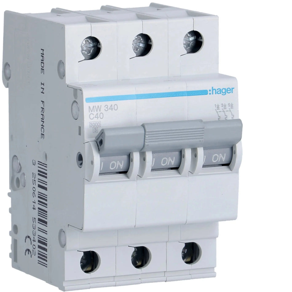 Hager MW340 3-pole 40A Type C MCB — official Hager product photo