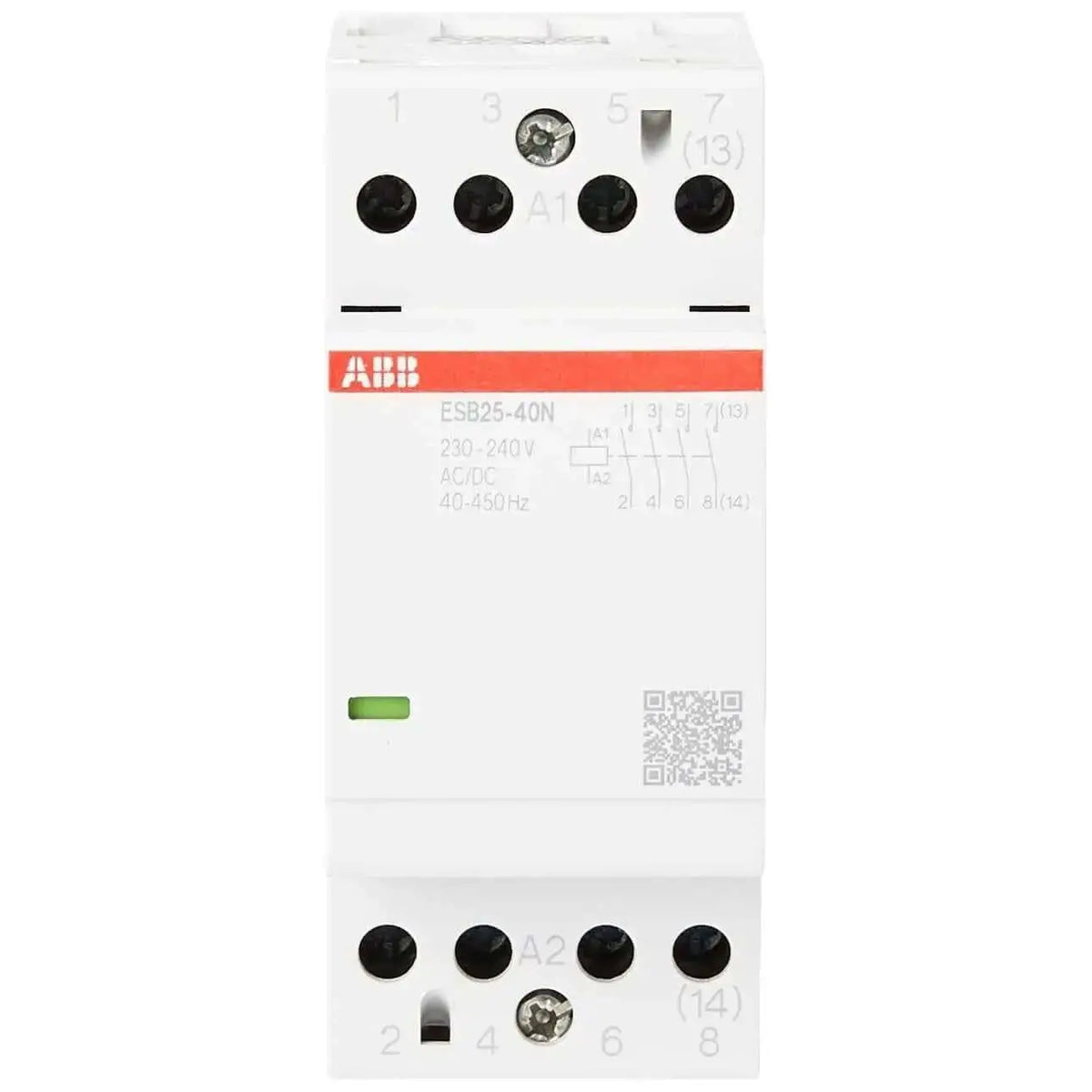 ABB ESB25-40N-06 25A 4-pole installation contactor, white body with red ABB logo. UAE