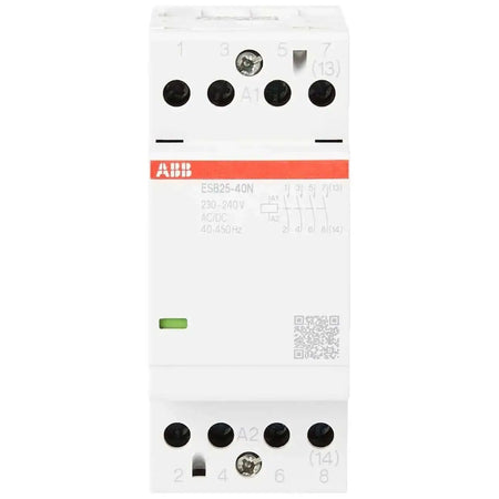 ABB ESB25-40N-06 25A 4-pole installation contactor, white body with red ABB logo. UAE