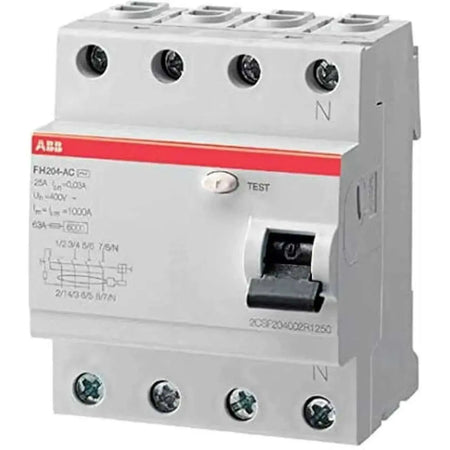 ABB FH204 4-pole ELCB/RCCB residual current circuit breaker, 40A, 30mA, white with red stripe UAE