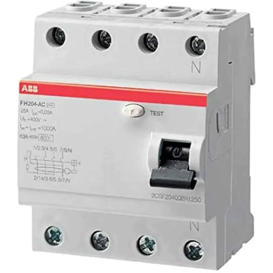 ABB FH204 4-pole ELCB/RCCB residual current circuit breaker, 40A, 30mA, white with red stripe UAE