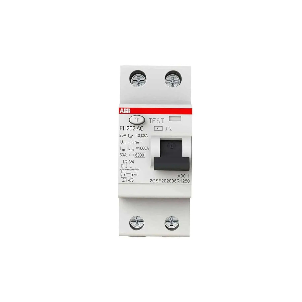 ABB FH202 AC RCCB, 25A 2P 30mA, white with red ABB stripe and test button UAE