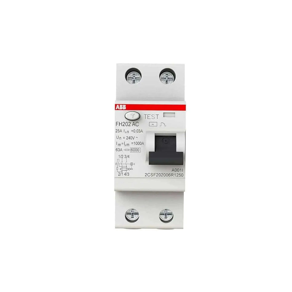 ABB FH202 AC RCCB, 25A 2P 30mA, white with red ABB stripe and test button UAE