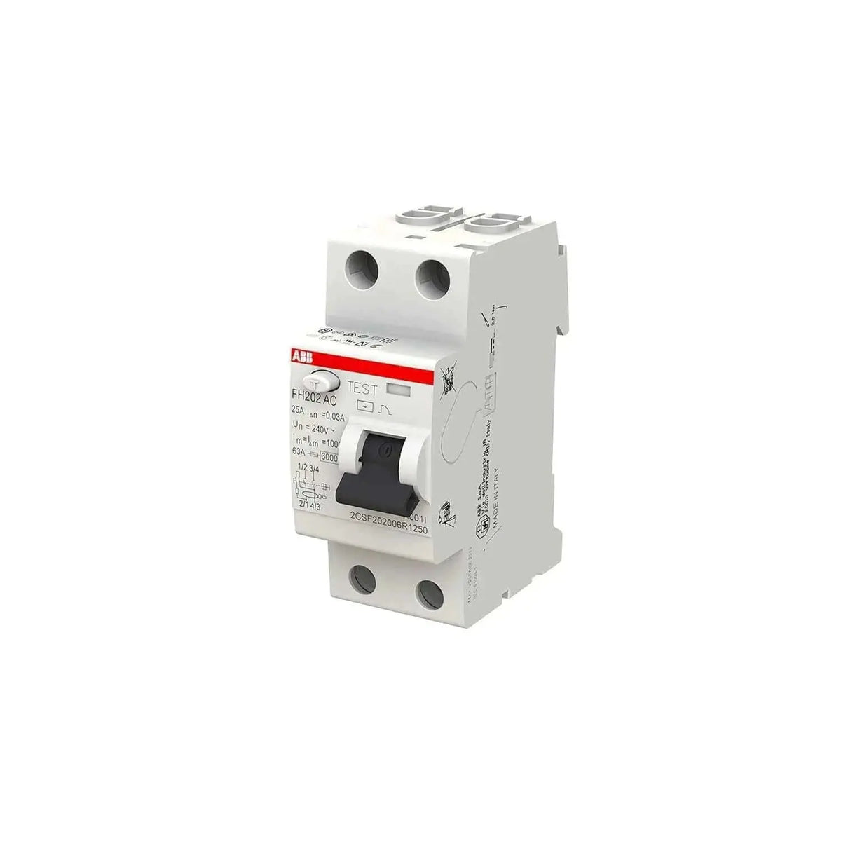 ABB FH202 AC 25A 2P 30mA RCCB/ELCB, front view of a white unit with red label. UAE