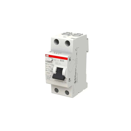 ABB FH202 AC 25A 2P 30mA RCCB/ELCB, front view of a white unit with red label. UAE