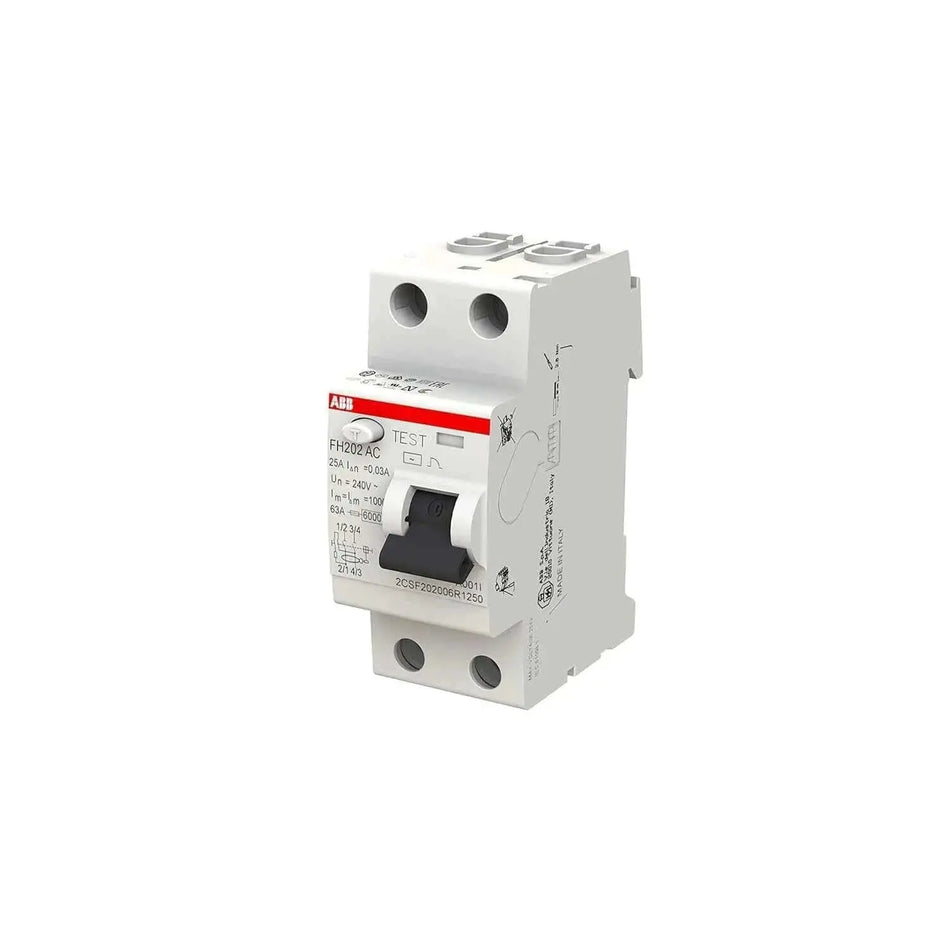 ABB FH202 AC 25A 2P 30mA RCCB/ELCB, front view of a white unit with red label. UAE
