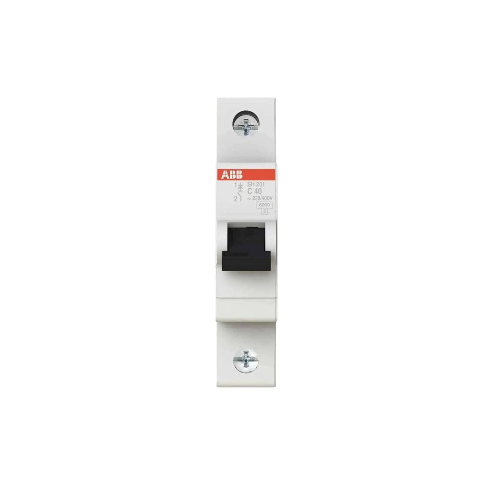 ABB 1P Type C MCB, 6KA, white body with black toggle and red ABB label. UAE