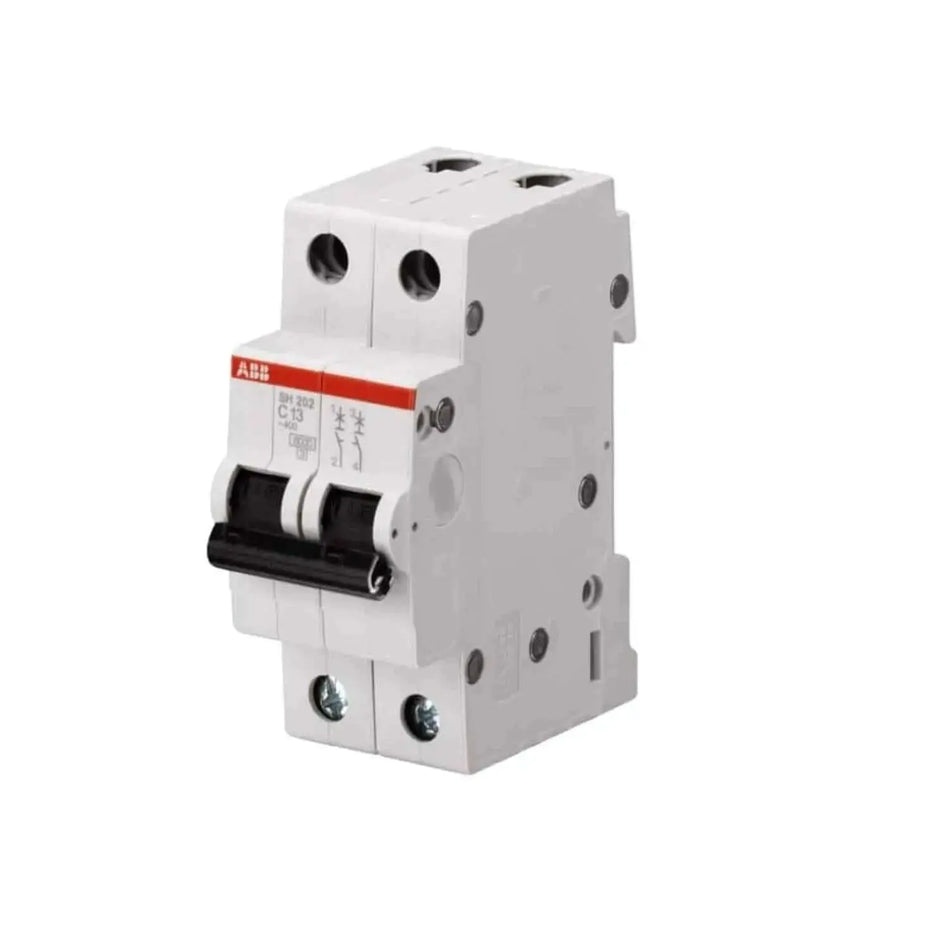 ABB SH202-C16 16A double-pole MCB, white housing with two black toggles and red branding. UAE