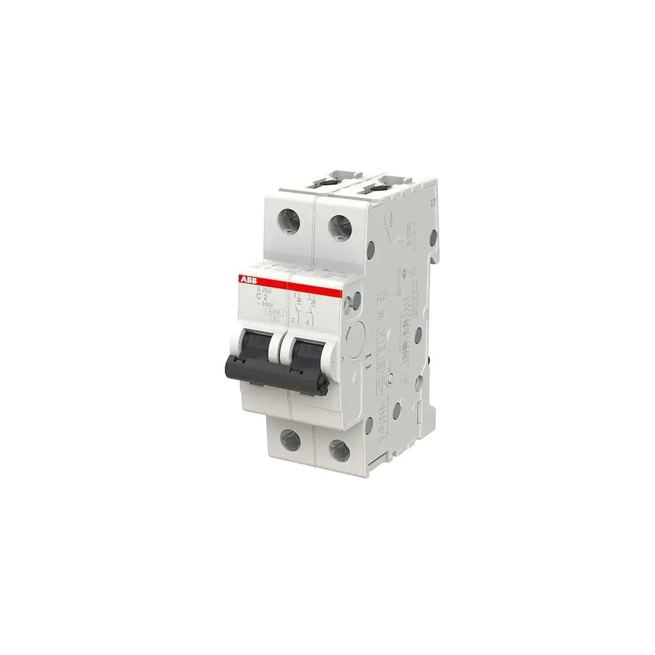 ABB S202-C2 2A double-pole miniature circuit breaker, Type C, 6KA, front view. UAE