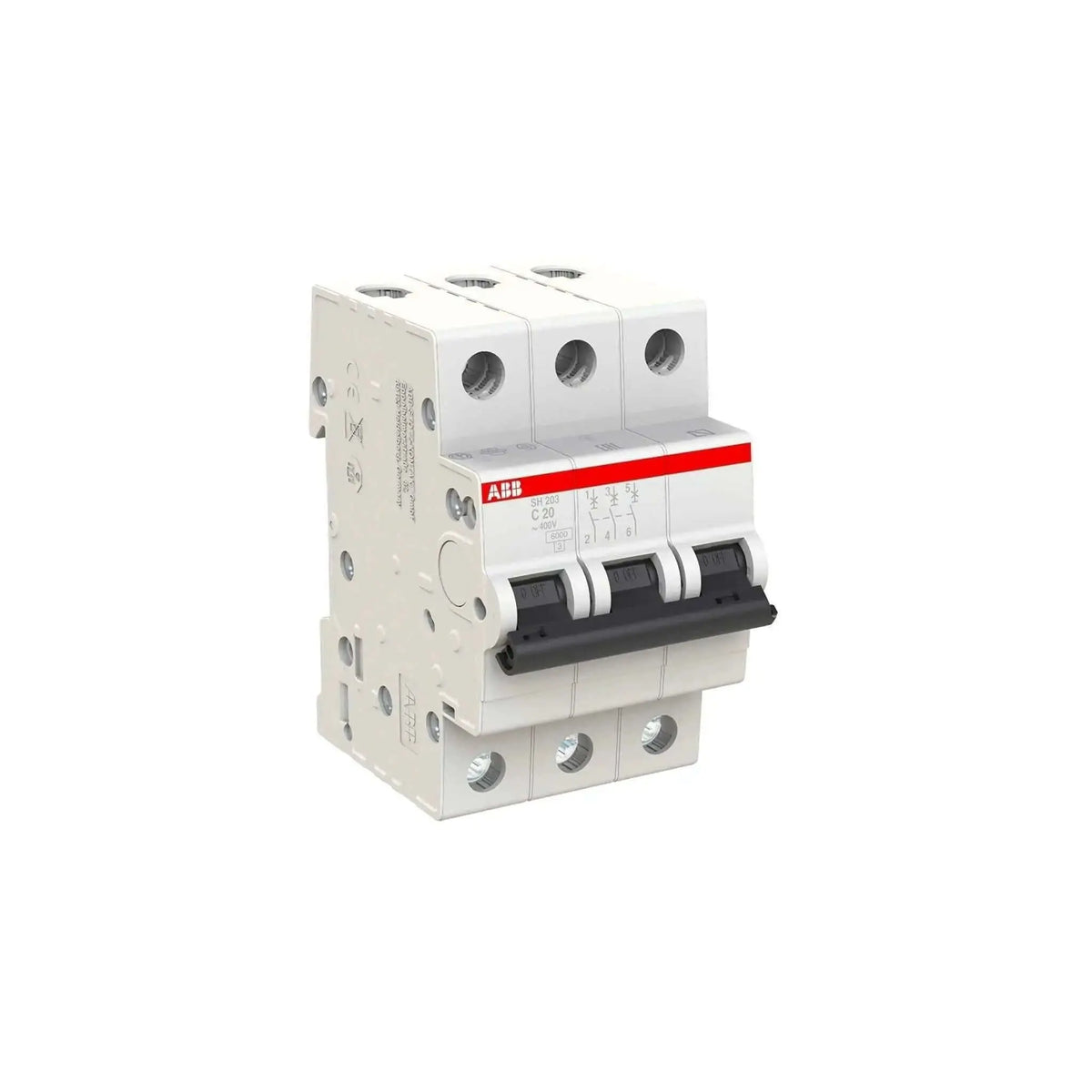 ABB SH203-C20 three-pole miniature circuit breaker, 20A, white with red branding UAE