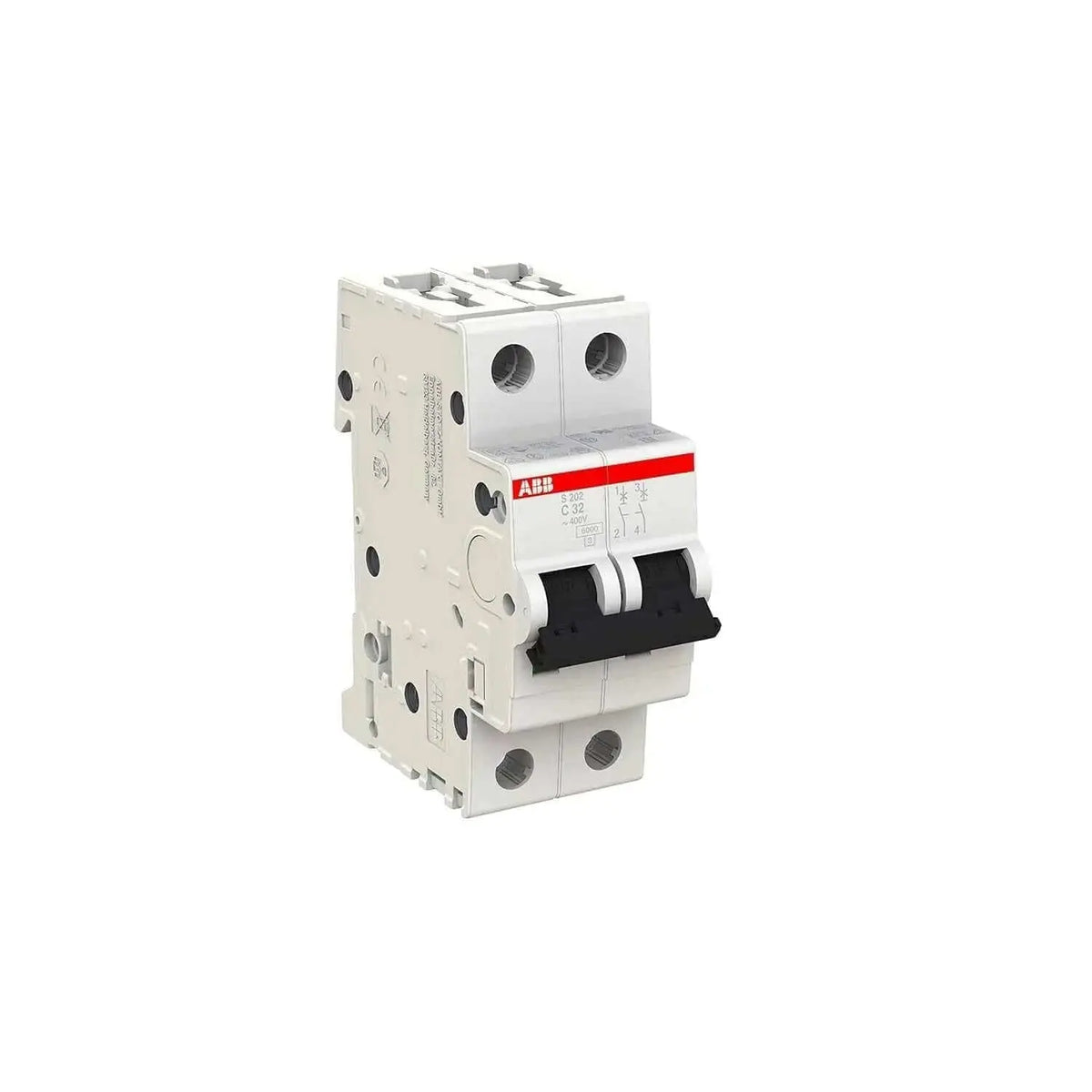 ABB S202-C32 2P miniature circuit breaker, white body with red branding, 32 A. UAE