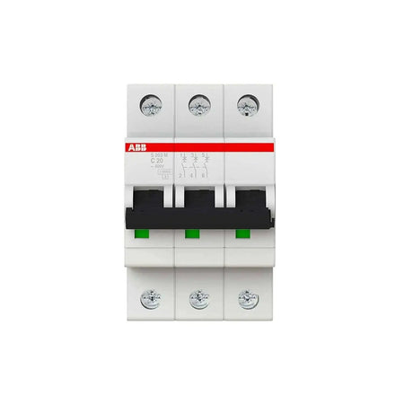 ABB S203M-C20 3-pole Type C miniature circuit breaker, white with red branding, 20A UAE